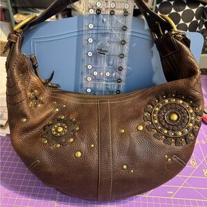 Coach Starburst Studded Brown Leather Mia Hobo w/adj Shoulder Strap